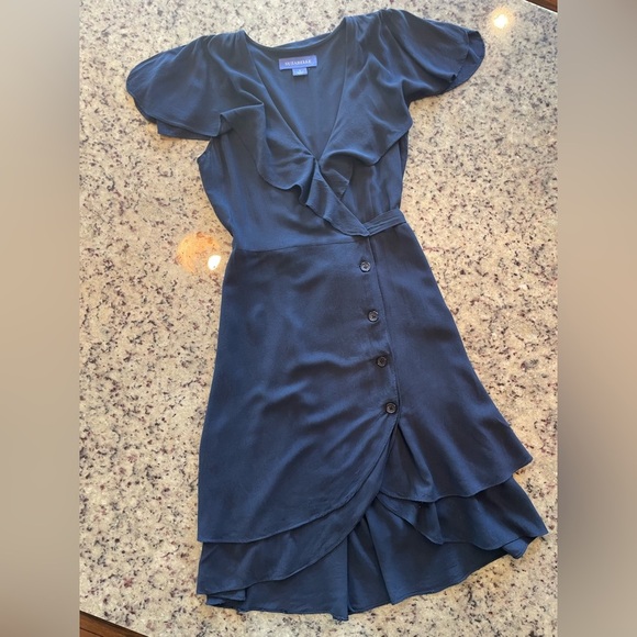 Women’s retro navy blue ruffled wrap midi dress size small - Picture 4 of 6